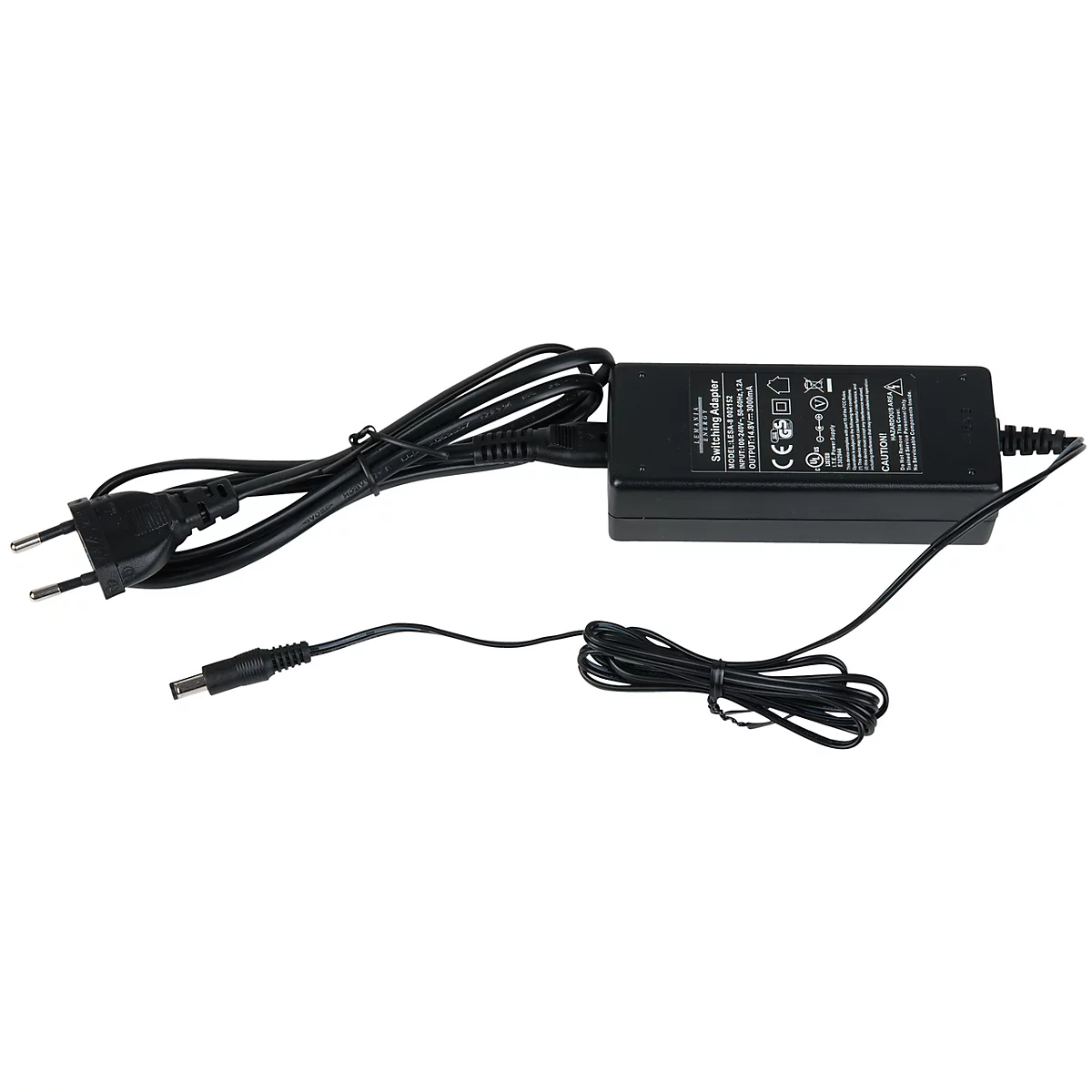 Schwarzes Netzteil mit Kabeln und Stecker.